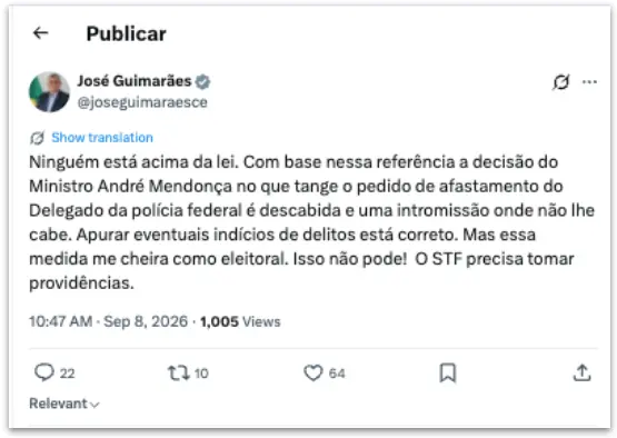 Ministro José Guimarães chamou de intromissão a decisão do ministro André Mendonça que afastou o diretor da Polícia Fed…