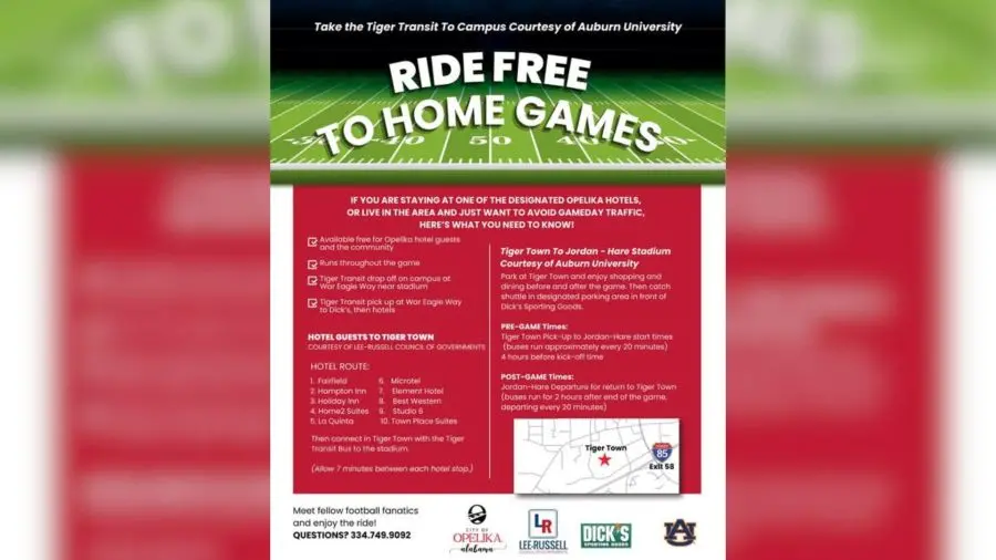 Tiger Transit oferece transporte gratuito para os fãs do time de futebol de Auburn em dias de jogo. O serviço começa qu…