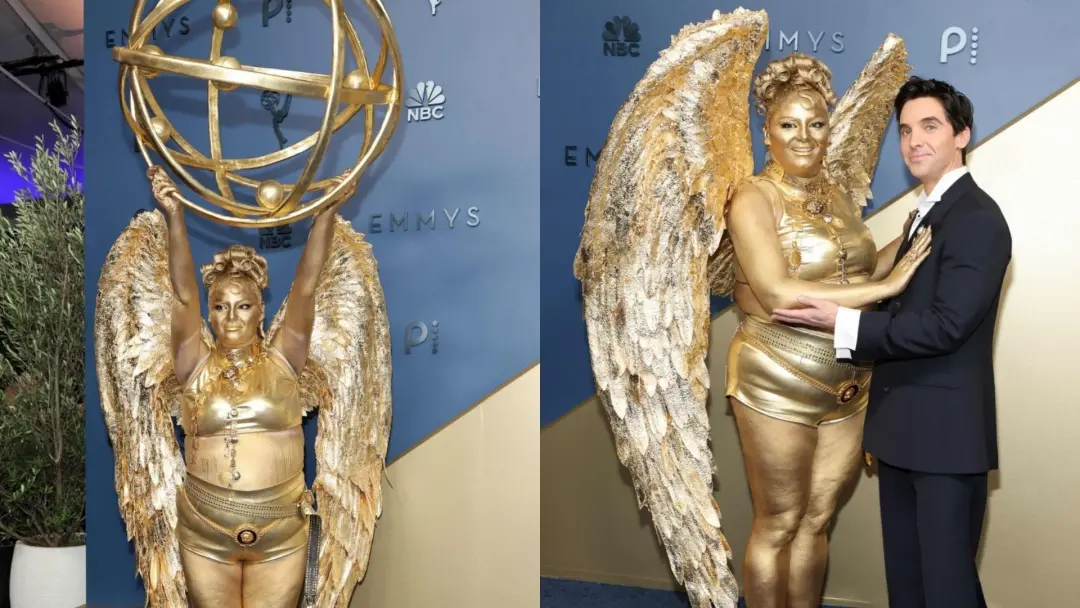 Megan Stalter apareceu no Emmy 2026 caracterizada como a própria estatueta dourada no tapete azul de Los Angeles. A ide…