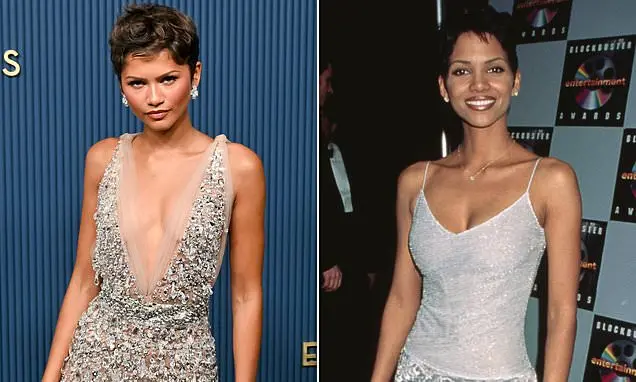 Zendaya adotou o corte pixie inspirado em Halle Berry nos Emmy de Los Angeles. Achei um visual super estiloso, porque m…