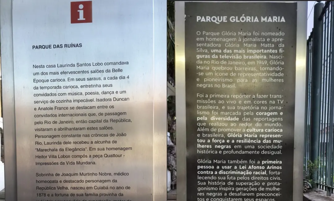 Em Santa Teresa, morador aponta apagamento histórico no totem novo instalado no espaço da Gloria Maria. O painel não me…