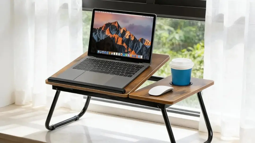 Sofá como aliado para trabalhar sem sobrecarregar a coluna, usando mesa ergonômica com apoio antiderrapante. É uma tent…