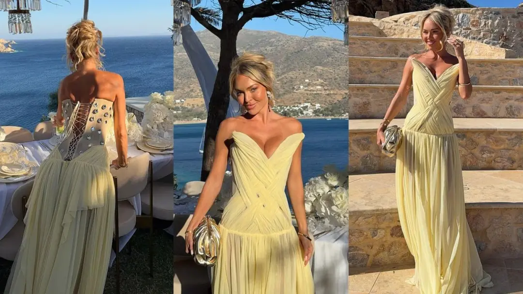 Tahlia Skaines usou um vestido amarelo tomara que caia em um casamento na Grécia, o que gerou comentários sobre ofuscam…