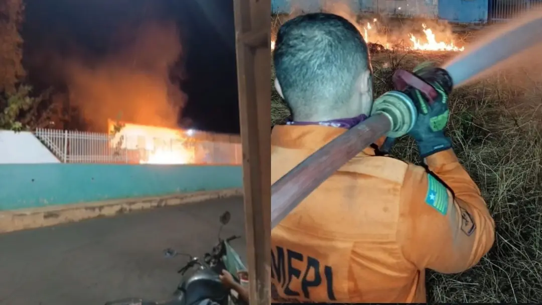Incêndio atingiu a área de vegetação no terreno da escola Petrônio Portela, em Picos, no Sul do Piauí. Os bombeiros con…