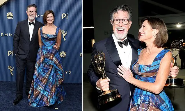 Stephen Colbert, 62 anos, mostrou mais alegria após ganhar um Emmy e ao lado da esposa Evelyn McGee Colbert, 63, na pre…