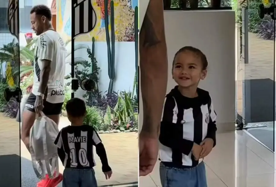 Mavie, filha de Neymar, apareceu durante treino no Santos e brincou com o pai, perguntando se ele ia entrar de sunga. É…
