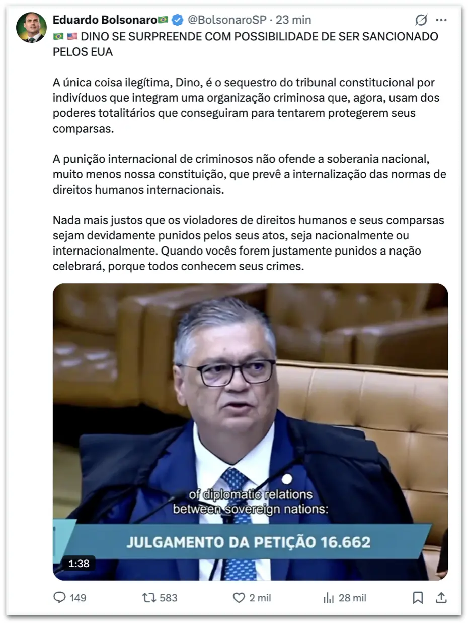 Eduardo Bolsonaro disse que a nação celebrará sanções dos Estados Unidos a ministros do STF. A visão dele é de que puni…