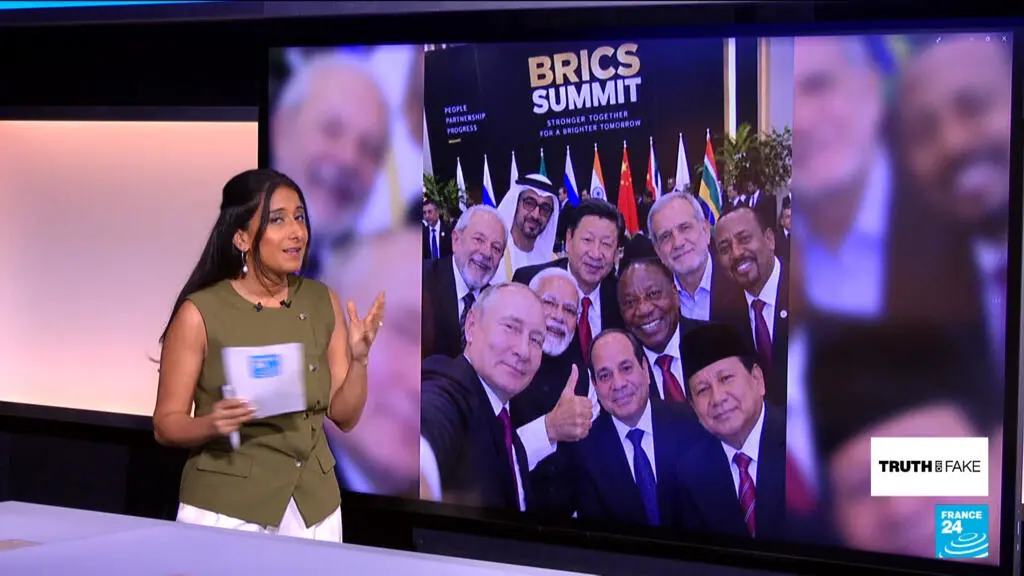 Selfie viral de Putin, Modi e Xi no BRICS é gerada por IA, com marcas d'água mostrando uso de OpenAI e líderes como Lul…