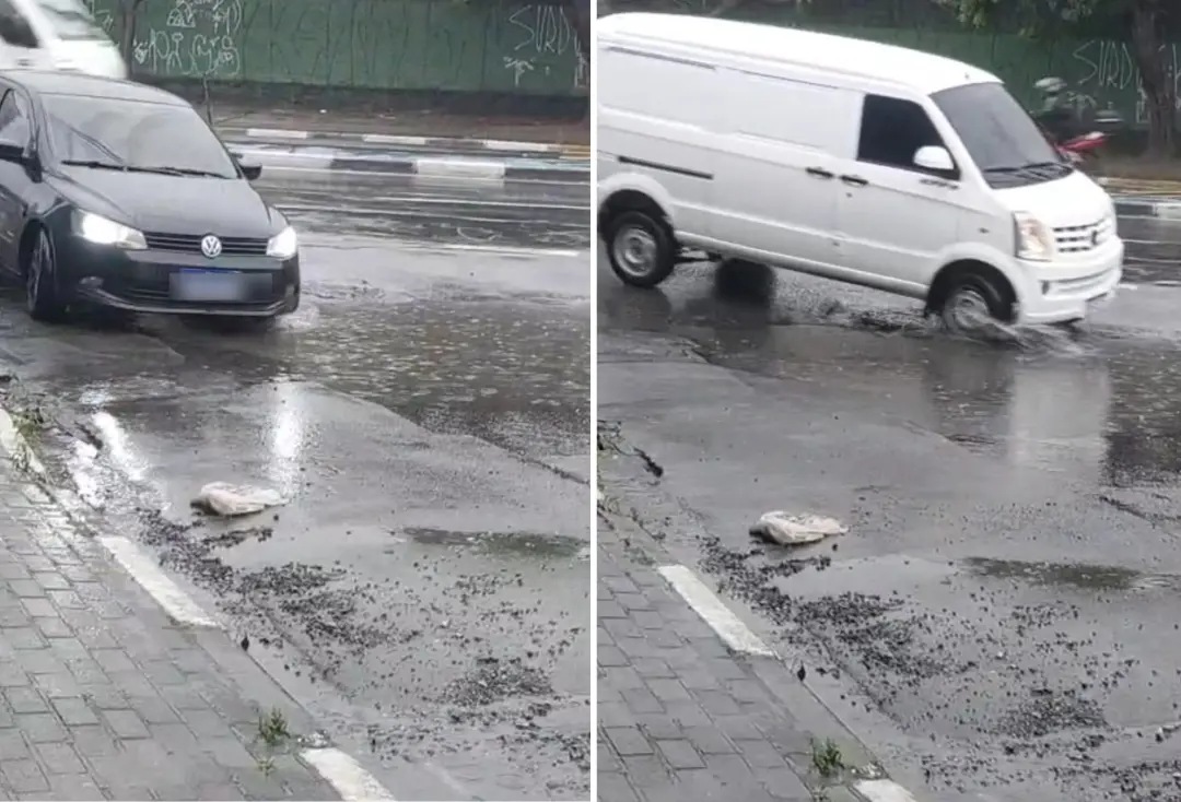 Cruzamento em Poá, entre a Rua Gerônimo Mazieiro e a Rodovia João Afonso de Souza Castelhano, teve um buraco que alagou…