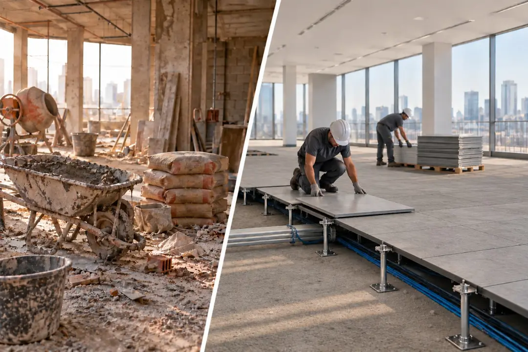 Obra a seco, como o piso elevado, avança na construção civil dispensando água, o que é importante porque o setor consom…