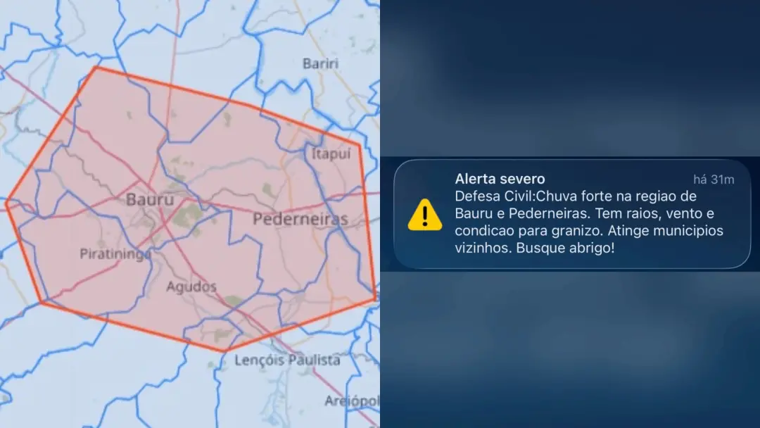 Alerta de emergência foi emitido pela Defesa Civil para Bauru e Pederneiras por causa de chuva forte e granizo. Com o r…