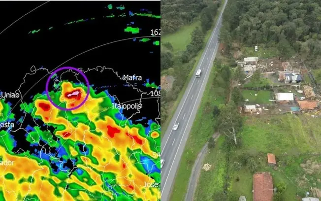 Tornado confirmado em Três Barras, Santa Catarina, durante temporais severos na última sexta. Os danos foram concentrad…