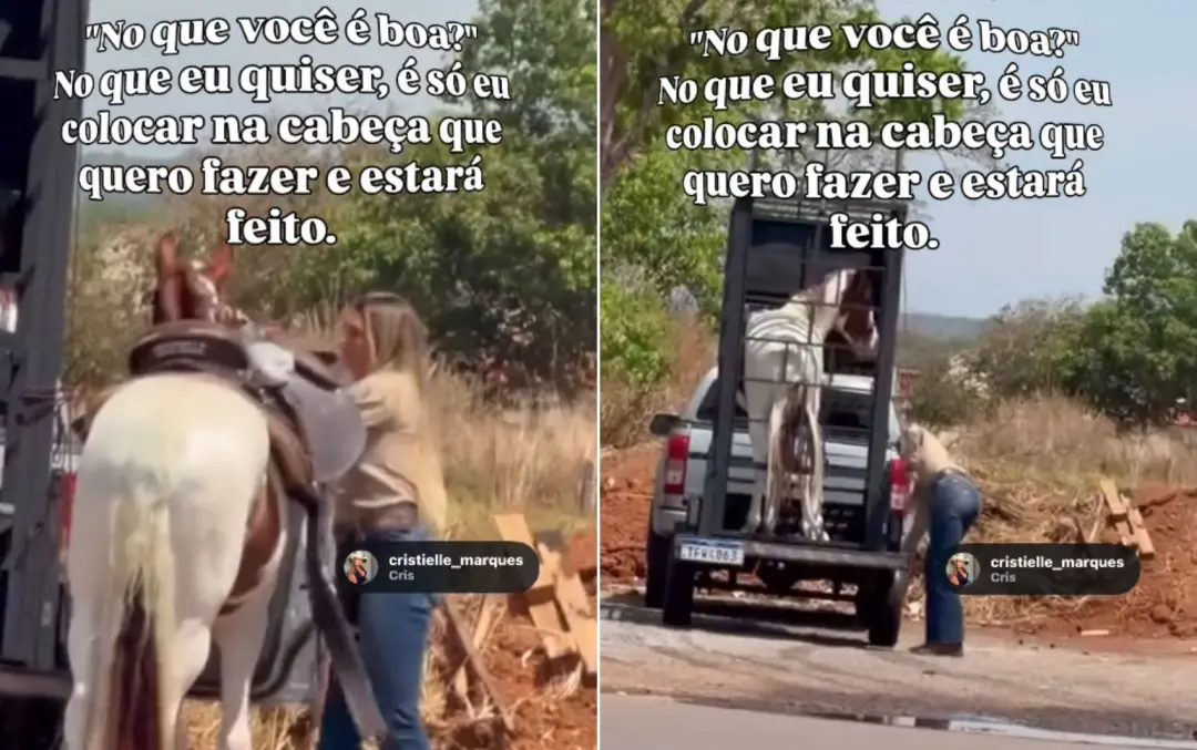 Cristielle Marques, estudante de psicologia, viralizou em Goiás com vídeo dela descendo e arreando um cavalo sozinha. A…