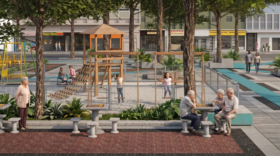 Praça Sarah Kubitschek, em Copacabana, vai ter brinquedos novos e academia para terceira idade. A retirada do muro aume…