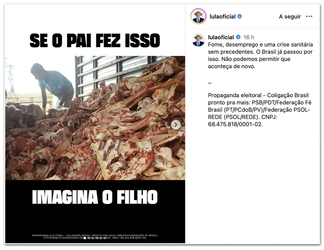 Lula postou fotos de carcaças e um cemitério durante a pandemia, usando a frase imagina o filho. Essa foto de 2021 most…