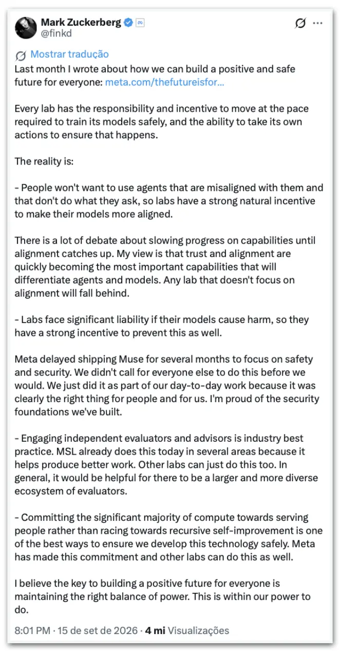 Mark Zuckerberg criticou pedidos para frear a IA, dizendo que empresas têm incentivo e responsabilidade para avançar co…