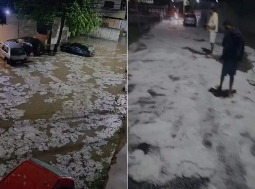 Chuvas de granizo em Petrópolis deixaram bairros como Nogueira e Itaipava cobertos de gelo e causaram derrubadas. A mob…