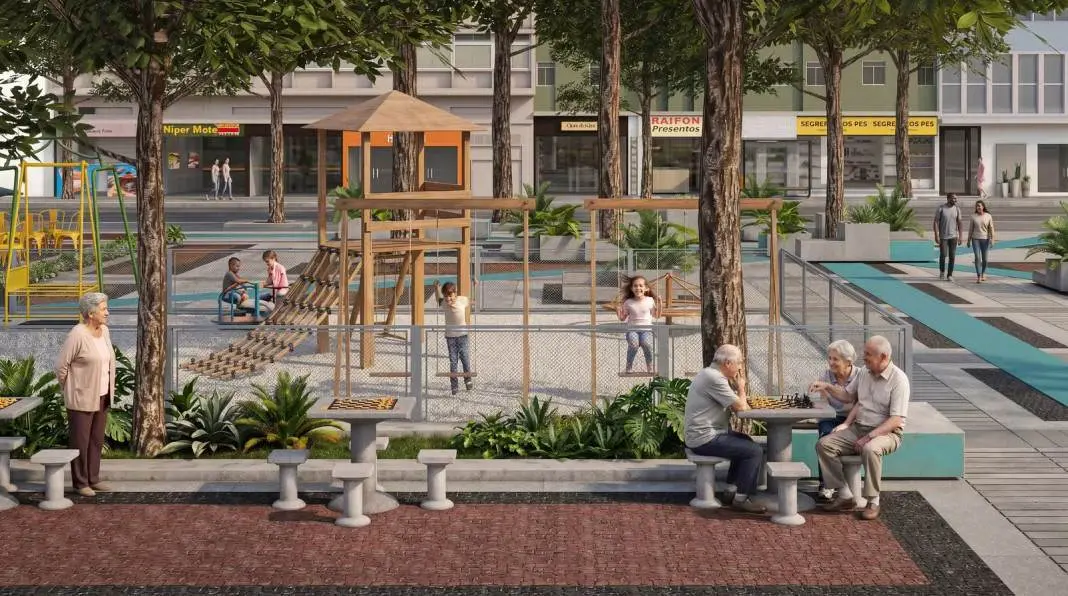 Praça Sarah Kubitschek em Copacabana será revitalizada com brinquedos novos e área pet. A retirada do muro, que antes e…