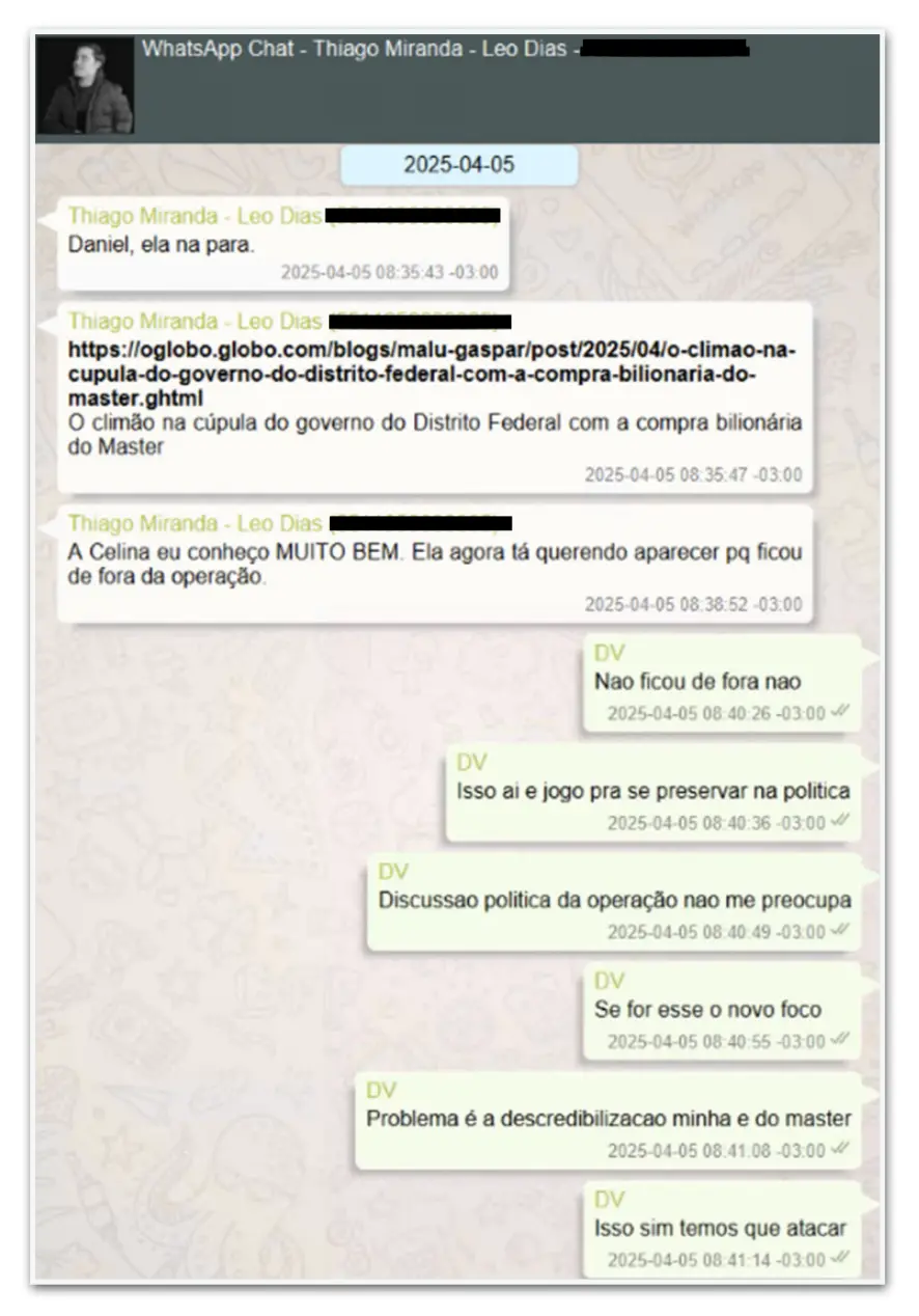 Celina Leão em tratativas com o BRB sobre a compra do Banco Master, segundo mensagens entre Vorcaro e Thiago Miranda em…