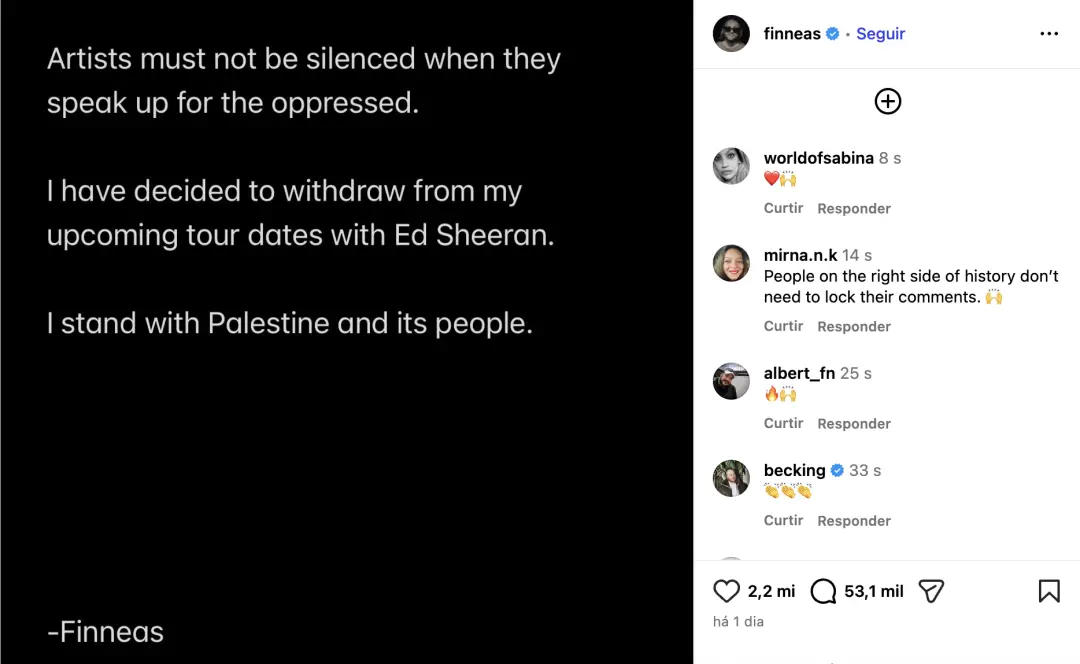 Finneas cancelou a abertura dos shows de Ed Sheeran na Loop Tour após Macklemore ser retirado da programação por manife…
