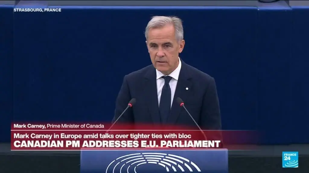 Mark Carney falou para o Parlamento Europeu no dia 17 de setembro sobre a possibilidade de o Canadá ser membro associad…