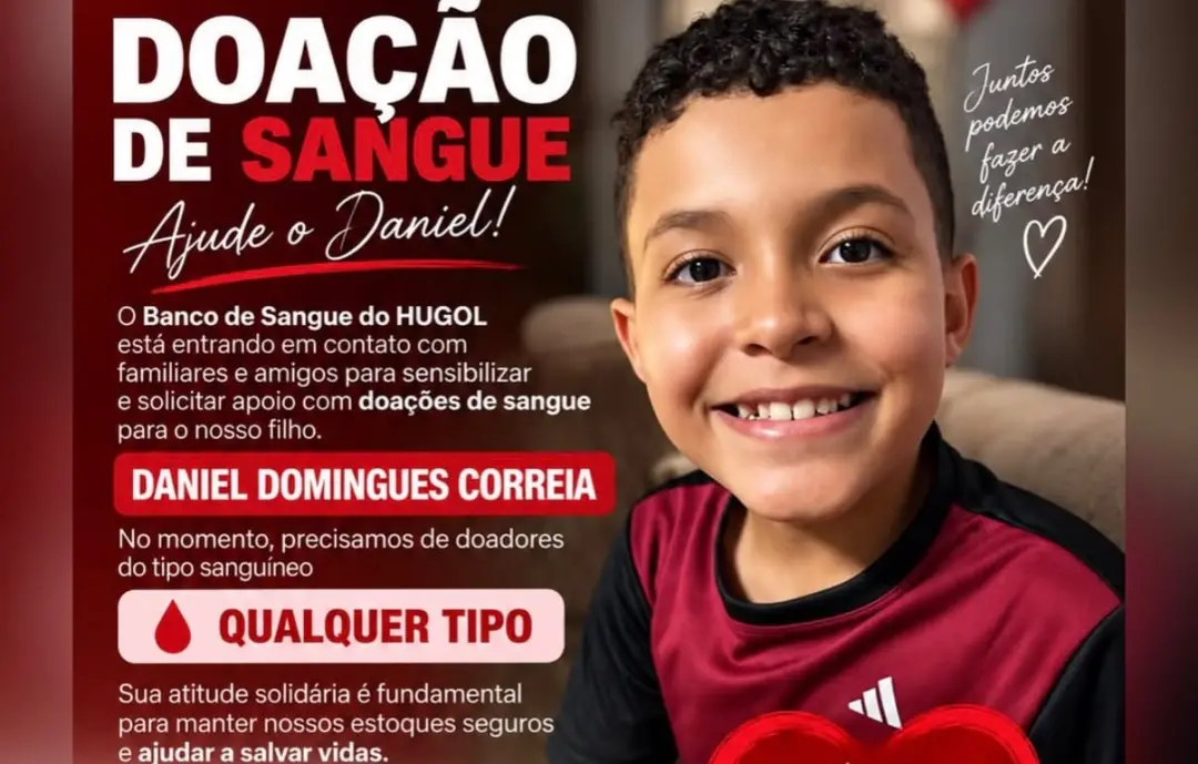 Daniel, menino de 10 anos, precisou de doação de sangue após ser baleado acidentalmente na zona rural de Palmeiras de G…