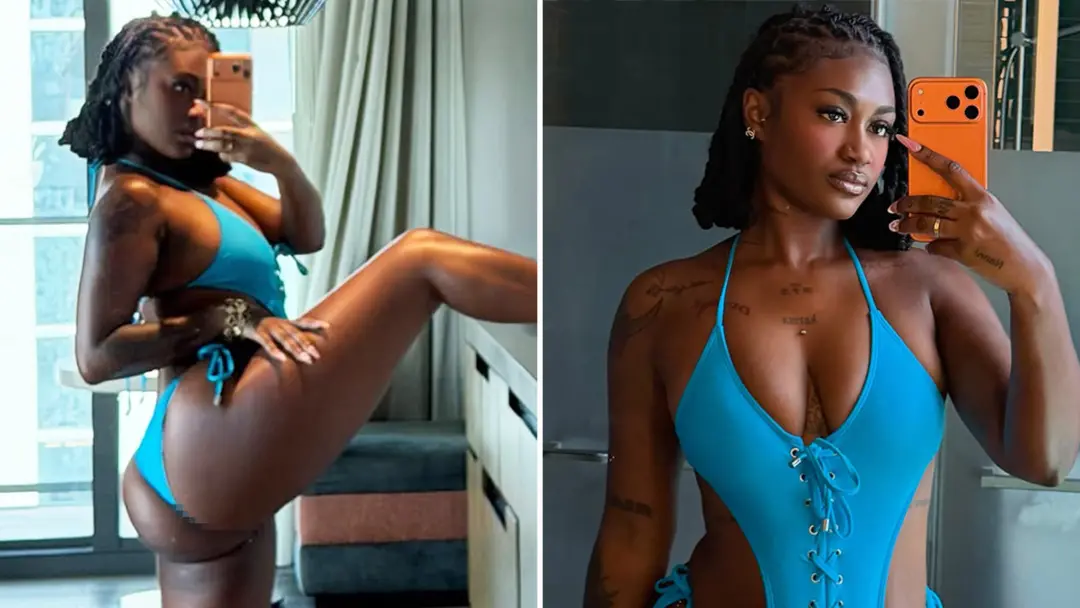 Kaliii, de 26 anos, postou fotos em um biquíni azul tie-up. A escolha da roupa, nesse contexto, mostra como a autoapres…