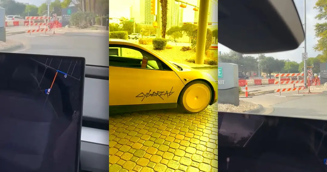 Em Austin, um Cybercab da Tesla não conseguiu sair do estacionamento do hotel porque trabalhadores de obra bloquearam u…