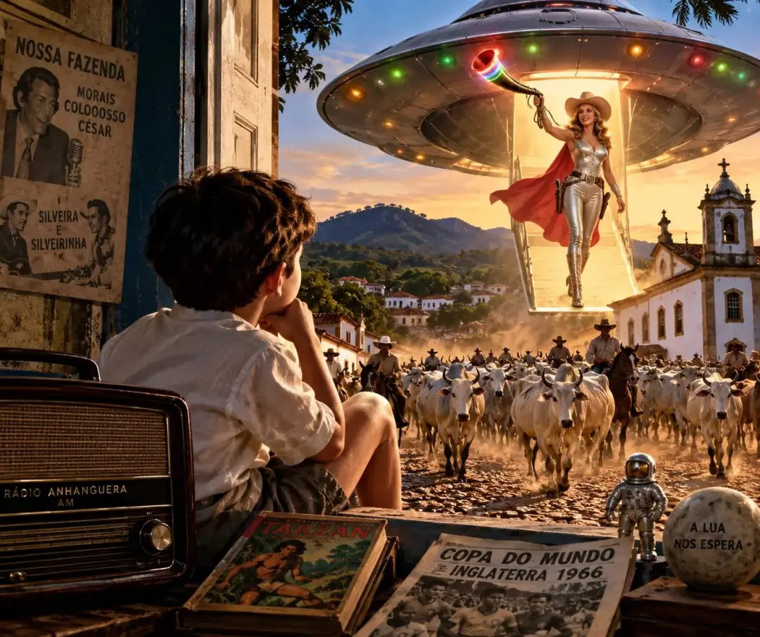 Disco voador baixando em 1966. A imagem de um garoto vendo isso, com a memória de um gado de Minas Gerais em 1727, most…