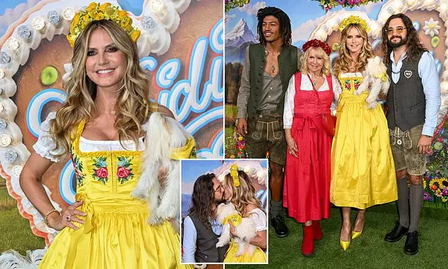 Heidi Klum vestiu traje tradicional bávaro ao chegar no HeidiFest em Munique com o marido Tom Kaulitz, as filhas Leni e…