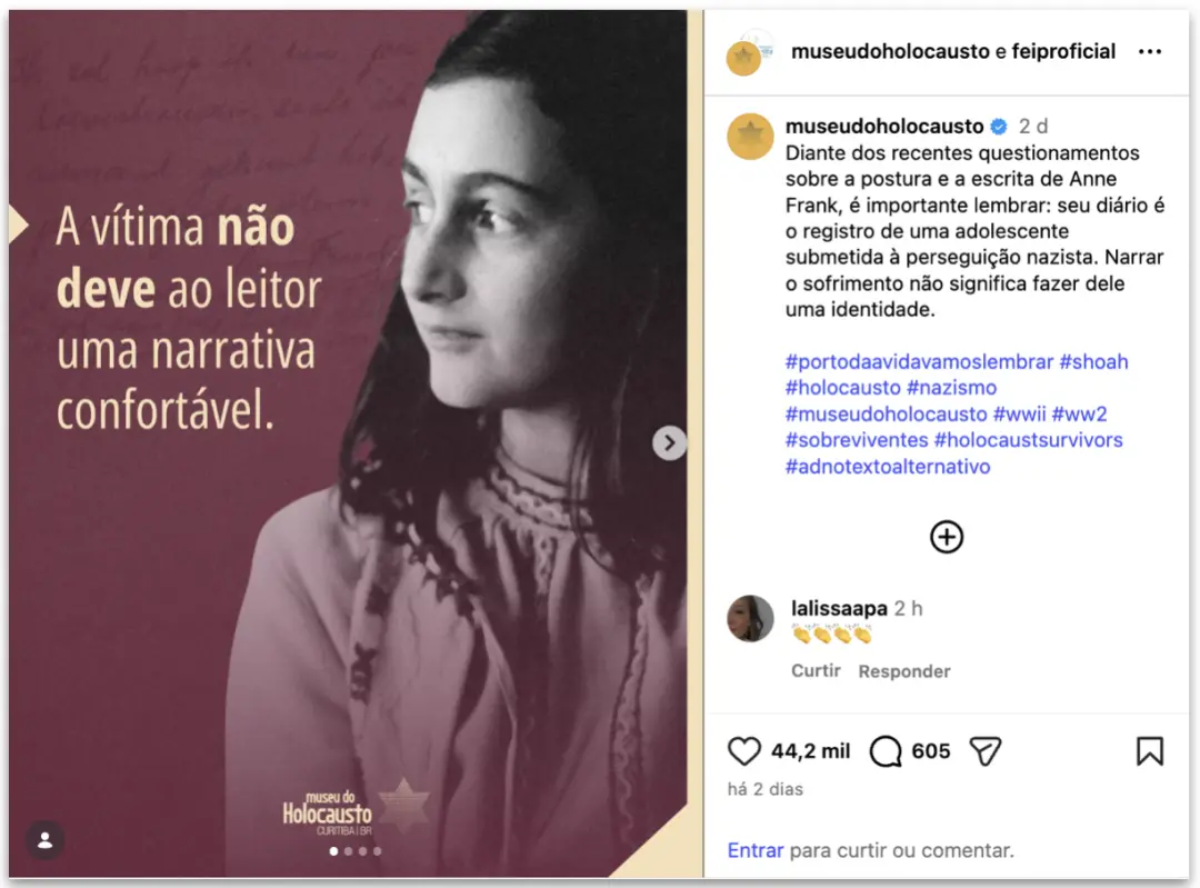 O Museu do Holocausto se manifestou sobre a jovem que chamou O Diário de Anne Frank de vitimista durante a Bienal do Li…