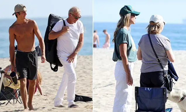 Kevin Costner e Christine Baumgartner tiveram um encontro estranho no jogo de vôlei de praia do filho Cayden, em Santa …