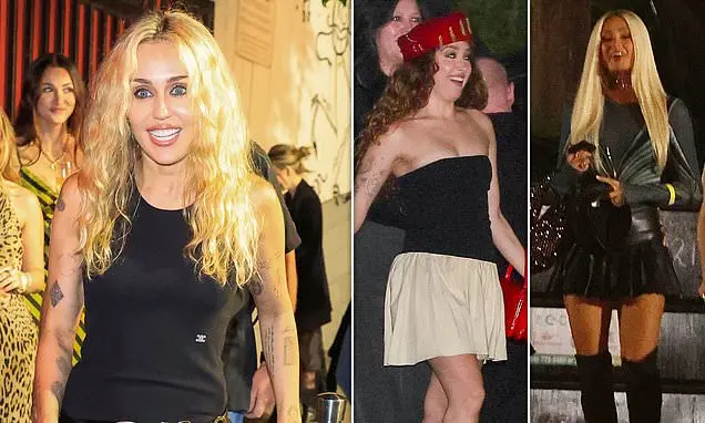 Miley Cyrus apareceu em LA na festa de lançamento do album Bass Persuades com Paris Hilton e Chappell Roan. Ver a prese…