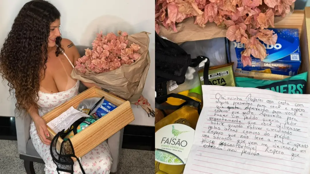 Alê Gaúcha encontrou uma cesta com vinhos e queijos deixada por vizinha no prédio, mas junto veio um sutiã e um pedido …