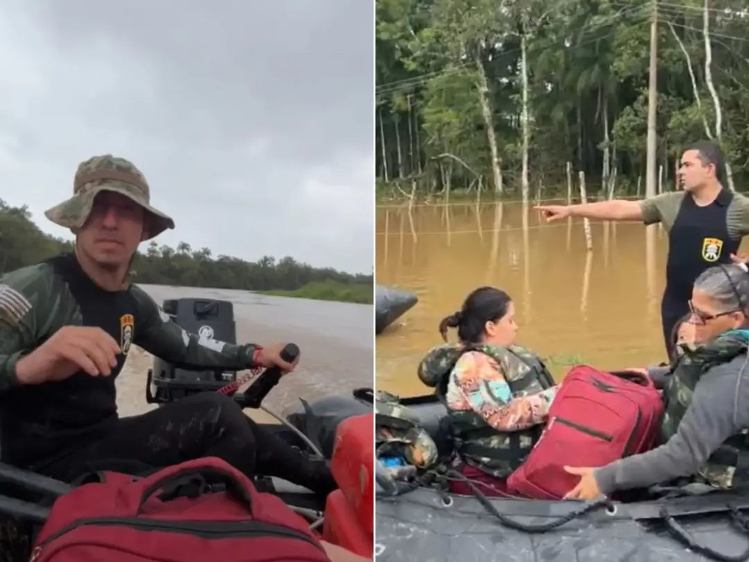 Dez pessoas ilhadas foram resgatadas em Iguape, SP, após a cheia do Rio Ribeira, com equipes da PM e Defesa Civil enfre…