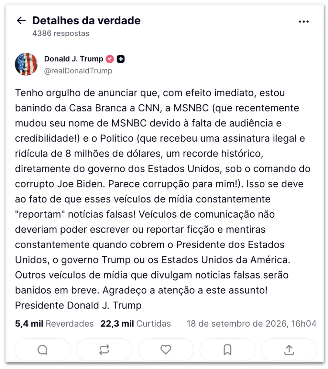 Trump baniu CNN MS NOW e Politico da Casa Branca por veicularem noticias falsas. Isso mostra um endurecimento no contro…