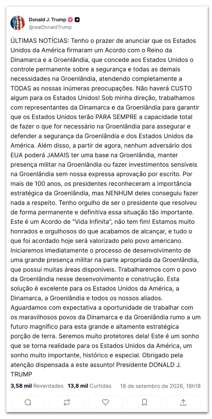 Donald Trump anuncia acordo com a Dinamarca para controle permanente da segurança da Groenlândia. Essa medida restringe…