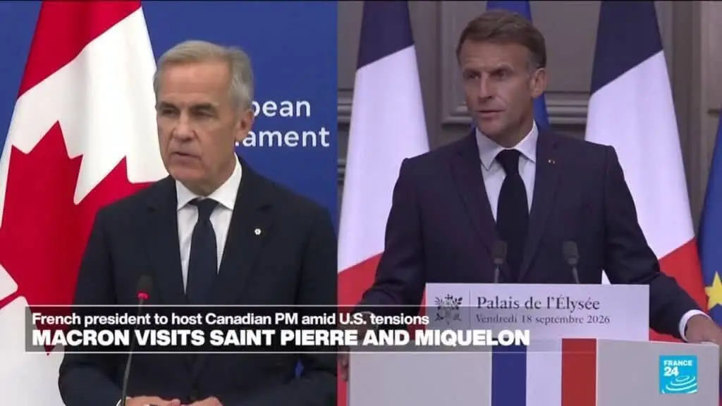 Macron recebeu Carney em território francês no Atlântico Norte, enquanto a relação com os EUA tá tensa. É um gesto simb…