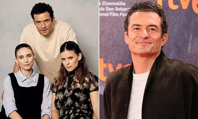 Orlando Bloom filma cena de trio com as irmãs Rooney e Kate Mara no filme Bucking Fastard. Essa representação artística…
