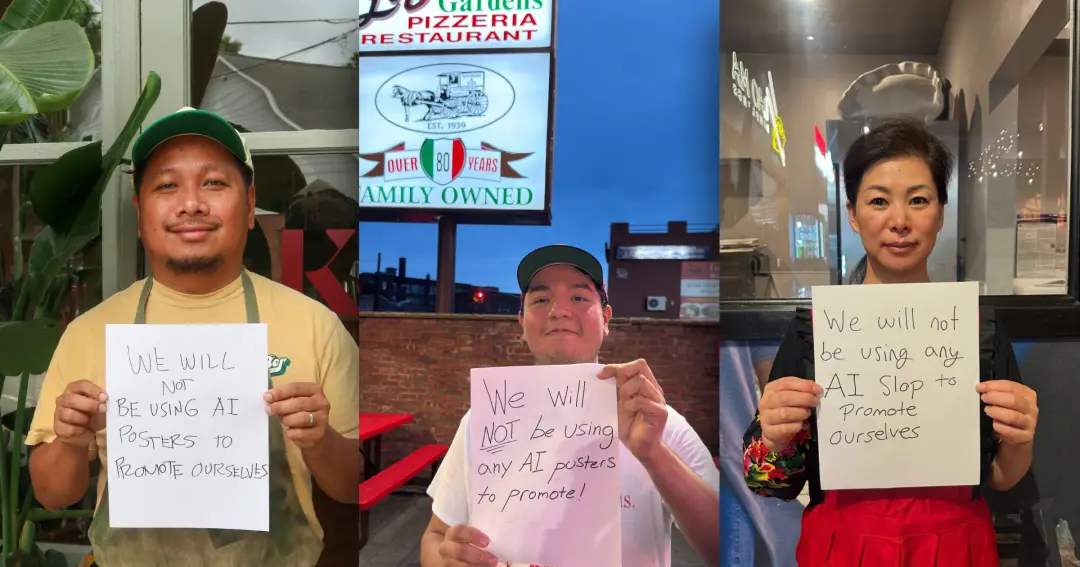 Restaurantes estão mostrando placas escritas à mão prometendo não usar Inteligência Artificial para promoção. Isso vem …