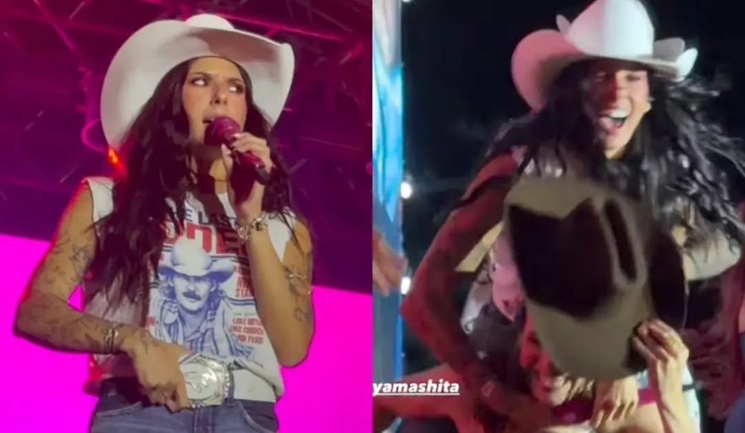 Ana Castela derruba a prefeita Bárbara Vilches durante o show na Segunda Festa do Peão, em Presidente Venceslau, São Pa…