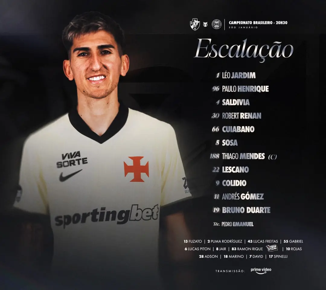 Lescano é titular pelo Vasco contra o Coritiba no São Januário, pelo Brasileiro. Achei que a experiência dele ia dar um…