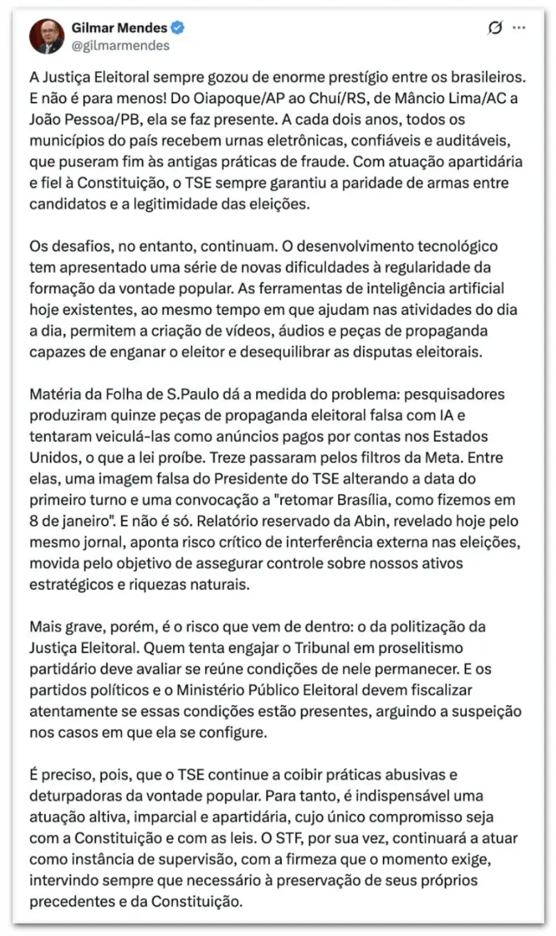 Gilmar Mendes sugere que magistrados politizados do TSE saiam dos cargos. A ideia é que o risco interno seja combatido …