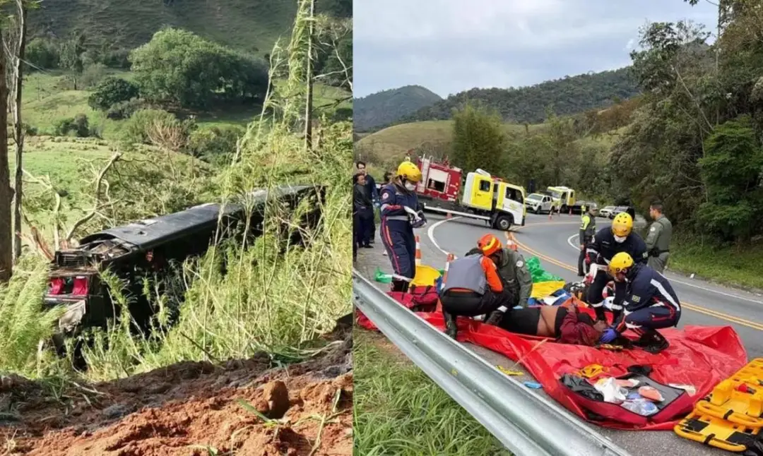 Cinco pessoas morrem em acidente com ônibus na Rodovia Doutor Avelino Júnior, em Cruzeiro, São Paulo. Quarenta e oito p…