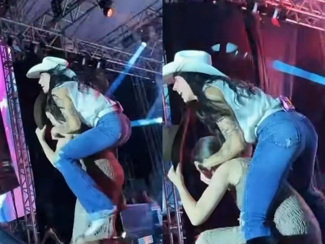 Ana Castela e a prefeita Bárbara Vilches caíram no palco durante show em Presidente Venceslau, São Paulo. O tombo foi e…