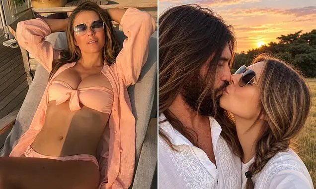 Elizabeth Hurley, 61 anos, mostrou um biquíni rosa em Los Angeles. Acho legal ver que as pessoas cuidam do corpo, porqu…
