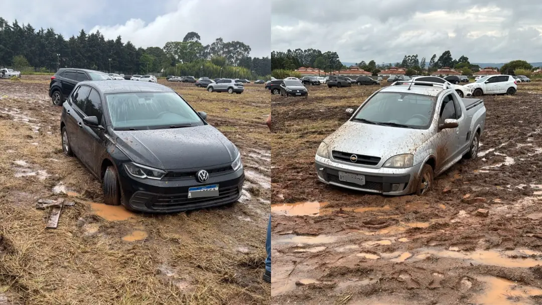 Mais de 150 veículos atolados em estacionamento rural de Sorocaba após chuva forte no fim de semana. A lama virou um ob…