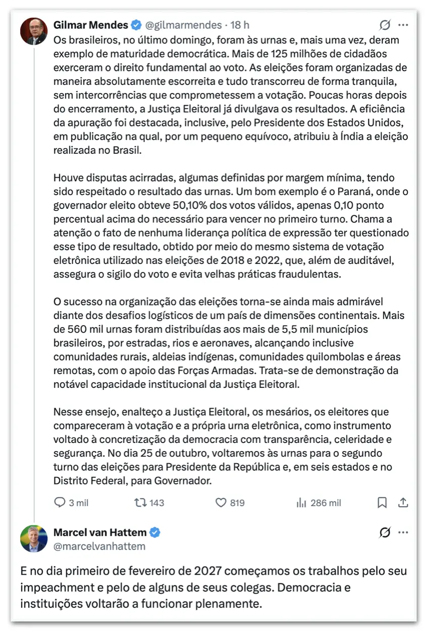 Marcel van Hattem avisou Gilmar Mendes que pedirá o impeachment dele no Senado Federal em 1º de fevereiro de 2027. A po…