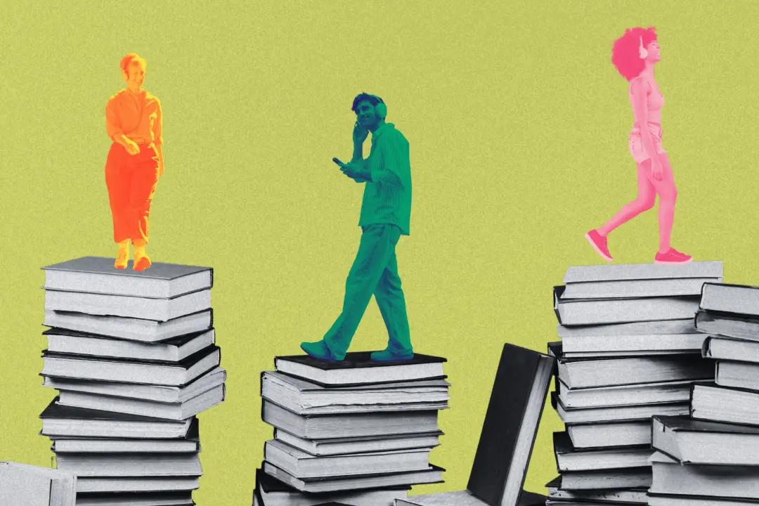 Clube de caminhada com audiolivros tá bombando em partes do Sul da Califórnia. Mulheres usam fones e caminham em praias…