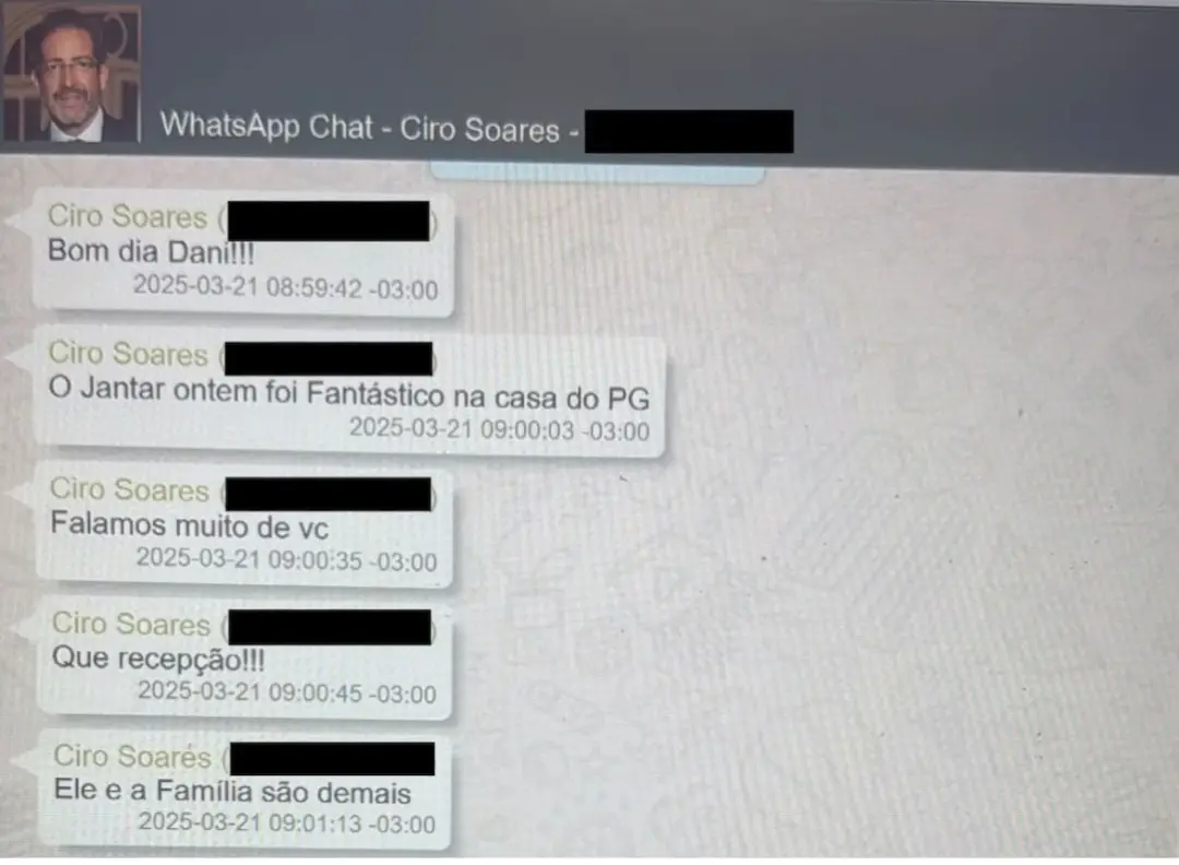 Endereço da residência de Gonet foi enviado por Ciro Soares para Daniel Vorcaro em dezembro de 2024. Depois, Soares ain…